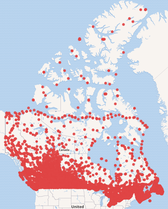 Map of every weather station of the Meteorological Service of Canada